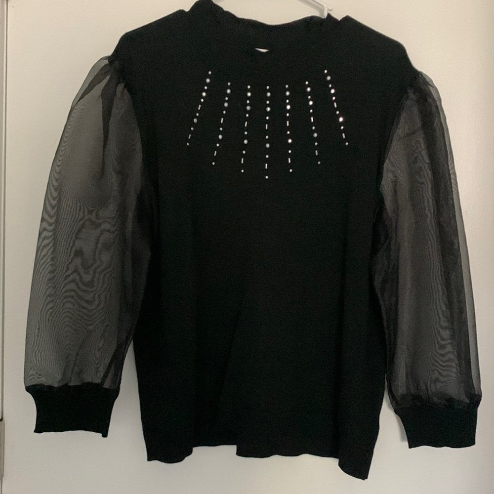 French style puffed sleeve sweater with beaded decor